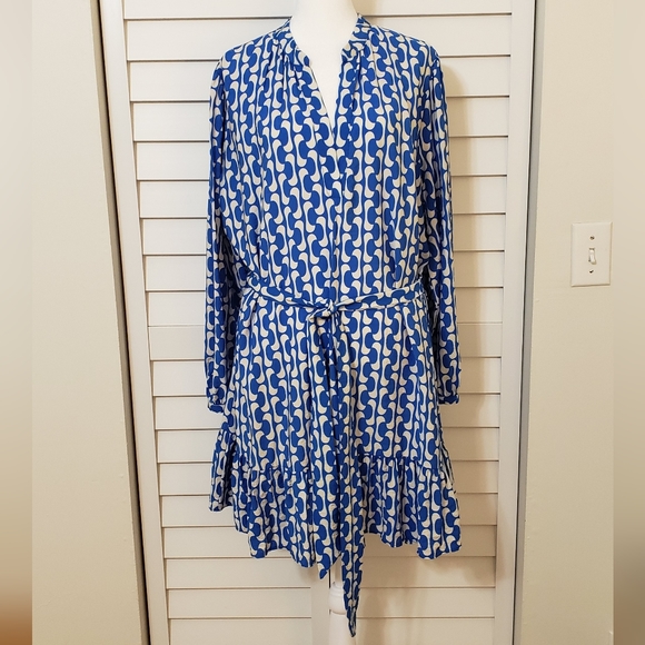 Zara The Paula Blue and White Geometric Design Dress Size XXL Belted - Picture 7 of 16